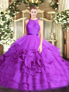 Eggplant Purple Lace Up Scoop Lace Quinceanera Dresses Fabric With Rolling Flowers Sleeveless