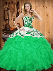 Custom Designed Floor Length Green Sweet 16 Dress Satin and Organza Sleeveless Embroidery and Ruffles
