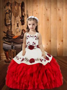 Red Straps Neckline Embroidery and Ruffles Little Girls Pageant Gowns Sleeveless Lace Up