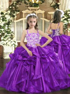 Floor Length Lace Up Pageant Gowns For Girls Eggplant Purple for Party and Sweet 16 and Quinceanera and Wedding Party wi