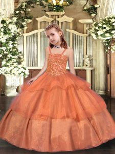Straps Sleeveless Pageant Dress for Womens Floor Length Beading and Ruffled Layers Orange Organza