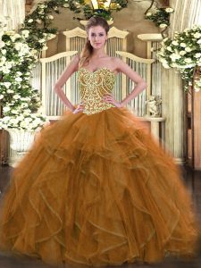 Sweetheart Sleeveless Quinceanera Gowns Floor Length Beading Brown Tulle