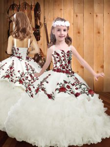 White Straps Neckline Embroidery and Ruffles Child Pageant Dress Sleeveless Lace Up