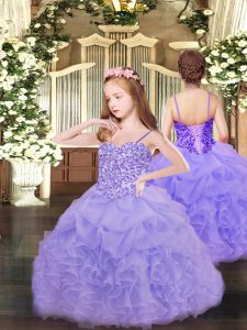 Organza Spaghetti Straps Sleeveless Lace Up Appliques and Ruffles and Pick Ups Little Girls Pageant Dress in Lavender