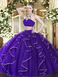 Purple Quinceanera Gown Military Ball and Sweet 16 and Quinceanera with Beading and Ruffles High-neck Sleeveless Backles