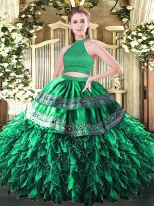 Modern Dark Green Halter Top Neckline Beading and Embroidery and Ruffles Sweet 16 Quinceanera Dress Sleeveless Backless