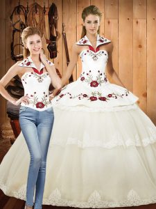 White Two Pieces Lace and Embroidery Quinceanera Gowns Lace Up Tulle Sleeveless Floor Length