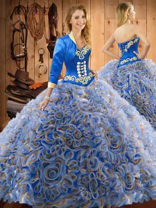 Suitable Multi-color Ball Gowns Sweetheart Sleeveless Satin and Fabric With Rolling Flowers With Train Sweep Train Lace 