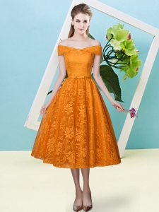 Orange Red Lace Lace Up Bridesmaid Dresses Cap Sleeves Tea Length Bowknot