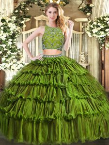 Olive Green Tulle Zipper Quinceanera Gowns Sleeveless Floor Length Beading and Ruffled Layers