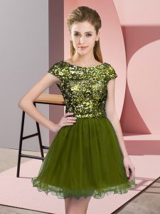 Sweet Olive Green Zipper Vestidos de Damas Sequins Cap Sleeves Mini Length