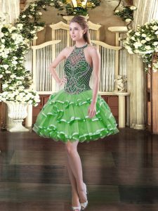 New Style Ball Gowns Halter Top Sleeveless Organza Mini Length Lace Up Beading and Ruffled Layers Prom Party Dress