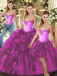 Fuchsia Organza Lace Up Sweetheart Sleeveless Floor Length Sweet 16 Quinceanera Dress Beading and Ruffles