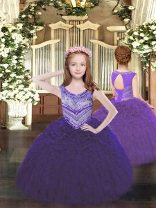 Purple Little Girl Pageant Gowns Party and Quinceanera with Beading and Ruffles Scoop Sleeveless Lace Up