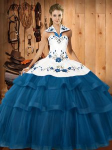 Decent Blue Sweet 16 Quinceanera Dress Organza Sweep Train Sleeveless Embroidery and Ruffled Layers