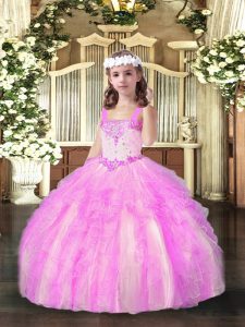 Custom Fit Lilac Ball Gowns Organza Straps Sleeveless Beading and Ruffles Floor Length Lace Up Little Girl Pageant Dress