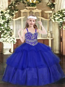 Great Royal Blue Sleeveless Organza Lace Up Winning Pageant Gowns for Party and Quinceanera