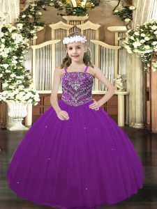 Tulle Straps Sleeveless Lace Up Beading Girls Pageant Dresses in Purple