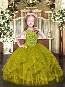Latest Olive Green Ball Gowns Tulle Scoop Sleeveless Beading and Ruffles Floor Length Zipper Kids Pageant Dress