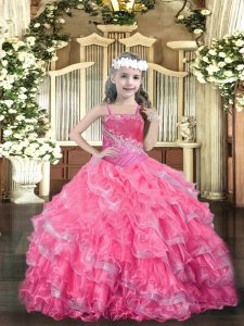 Floor Length Hot Pink Kids Formal Wear Straps Sleeveless Lace Up
