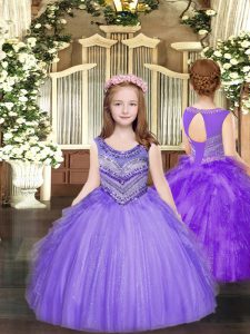 Scoop Sleeveless Pageant Dress Toddler Floor Length Beading and Ruffles Lavender Tulle