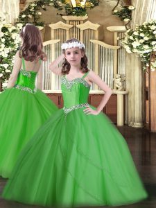 Great Green Straps Neckline Beading Little Girl Pageant Gowns Sleeveless Lace Up