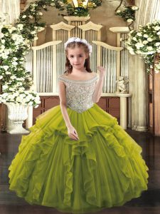Olive Green Sleeveless Floor Length Beading and Ruffles Lace Up Little Girls Pageant Dress
