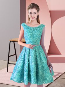 Affordable Aqua Blue A-line Scoop Sleeveless Lace Knee Length Lace Up Belt Dress for Prom