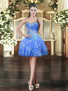 Sleeveless Mini Length Beading and Ruffled Layers Lace Up Prom Dress with Baby Blue
