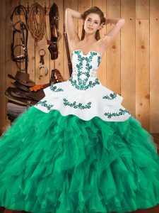 Sleeveless Floor Length Embroidery and Ruffles Lace Up 15 Quinceanera Dress with Turquoise
