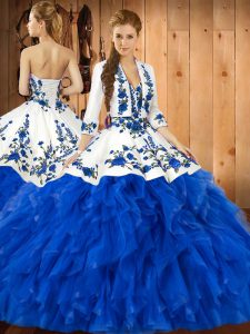 Sleeveless Satin and Organza Floor Length Lace Up Quince Ball Gowns in Blue with Embroidery and Ruffles