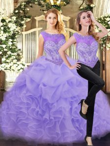 Modern Organza Scoop Sleeveless Zipper Beading and Ruffles 15th Birthday Dress in Lavender