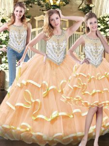 Sumptuous Floor Length Peach Sweet 16 Quinceanera Dress Organza Sleeveless Beading and Ruffled Layers