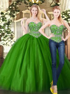 Exceptional Dark Green Ball Gowns Tulle Sweetheart Sleeveless Beading Floor Length Lace Up Quinceanera Gowns