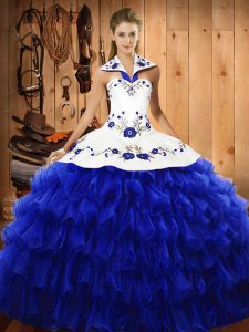 Floor Length Lace Up Quinceanera Dresses Royal Blue for Military Ball and Sweet 16 and Quinceanera with Embroidery and R