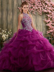 Custom Made Tulle Halter Top Sleeveless Lace Up Beading and Pick Ups Sweet 16 Dress in Fuchsia