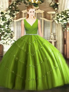 Latest Floor Length Olive Green Sweet 16 Dresses V-neck Sleeveless Zipper