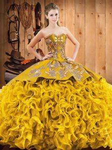 Gold Sleeveless Fabric With Rolling Flowers Court Train Lace Up 15 Quinceanera Dress for Military Ball and Sweet 16 and 