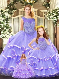 Hot Selling Lavender Organza Lace Up Scoop Sleeveless Floor Length Vestidos de Quinceanera Beading and Ruffled Layers