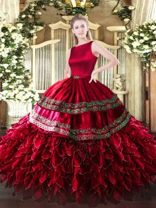 Custom Fit Wine Red Ball Gowns Ruffled Layers Sweet 16 Dresses Clasp Handle Satin and Organza Sleeveless Floor Length