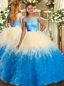 Dazzling Sleeveless Floor Length Lace and Ruffles Backless 15th Birthday Dress with Multi-color