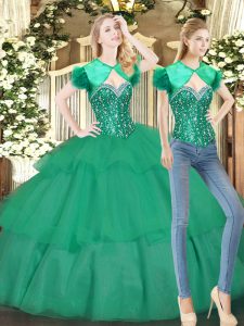 Fantastic Turquoise Lace Up 15th Birthday Dress Beading and Ruffled Layers Sleeveless Floor Length