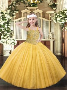 Ball Gowns Child Pageant Dress Gold Straps Tulle Sleeveless Floor Length Lace Up