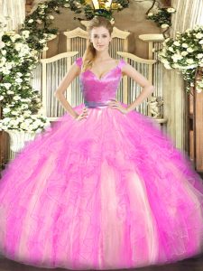 Cute Rose Pink Ball Gowns Beading and Ruffles Vestidos de Quinceanera Zipper Tulle Sleeveless Floor Length