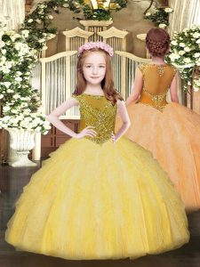 Fantastic Sleeveless Floor Length Beading and Ruffles Zipper Glitz Pageant Dress with Gold