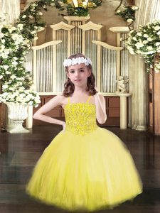 Top Selling Yellow Lace Up Little Girls Pageant Dress Wholesale Beading Sleeveless Floor Length
