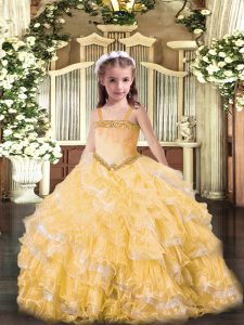 Amazing Floor Length Gold Pageant Dress for Teens Straps Sleeveless Lace Up