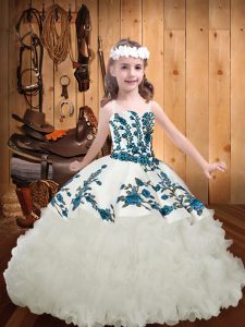 Customized Organza Straps Sleeveless Brush Train Lace Up Embroidery and Ruffles Little Girl Pageant Dress in White