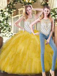 Suitable Yellow Sleeveless Floor Length Beading and Ruffles Zipper Sweet 16 Quinceanera Dress