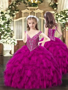 Fuchsia Lace Up Pageant Dress Womens Beading and Ruffles Sleeveless Floor Length